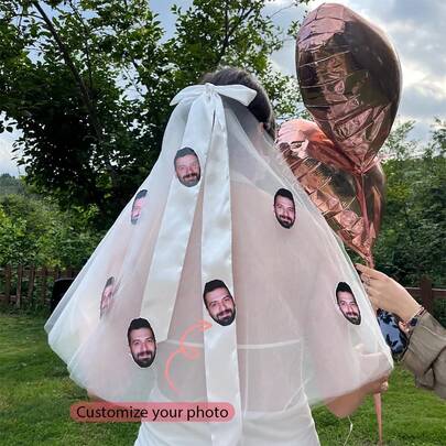 Personalised Custom Funny Groom Face Photo White Short Bow Veil With Comb Hair Accessories Bachelorette Hen Do Party Bridal Shower Beach Rustic Boho Disco Wedding Engagement Bach Weekend Honeymoon Just Married Decoration Bride To Be Future Mrs Gift Present Photo Props