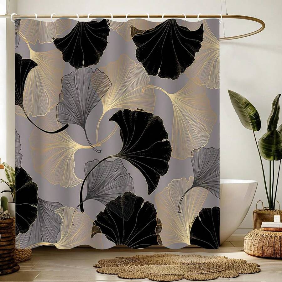 This Fashionable And Creative Shower Curtain Features A Minimalist Modern Design With A Gold Ginkgo Leaf Pattern. It Is Waterproof, Mildew-Resistant, Machine Washable, And Made Of Polyester Fabric That Is Non-Opaque And Breathable. The Color May Vary Slightly Due To Lighting Conditions. Includes 12 Hooks, Making It An Ideal Choice For Bathroom Art Decor. - Multicolor - View 1