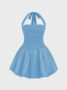 女士性感露背连衣裙，奢华小众高端优雅晚会生日泡泡袖迷你连衣裙 - 藍色 - 查看 2