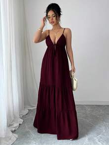 largo de verano para mujer LilyHouse, elegante y de moda, estilo de resort de playa, escote en V con tirantes de espagueti y diseño de vestido fluido, adecuado para citas diarias, vacaciones en la playa, festivales, bodas, fiestas elegantes, ceremonias de graduación, etc.Vestido rojo para - Marrón 2 - Ver 11
