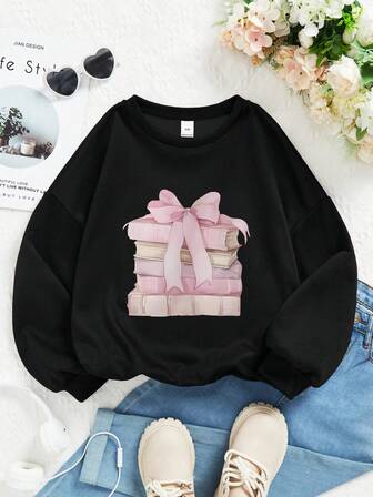Tween Girl Back To School Cute Book & Bowknot Print Crewneck Pullover Sweatshirt - Soft, Machine Washable, Versatile - Fall Winter Casual Daily Outfits (New Fall Fashion, Halloween )