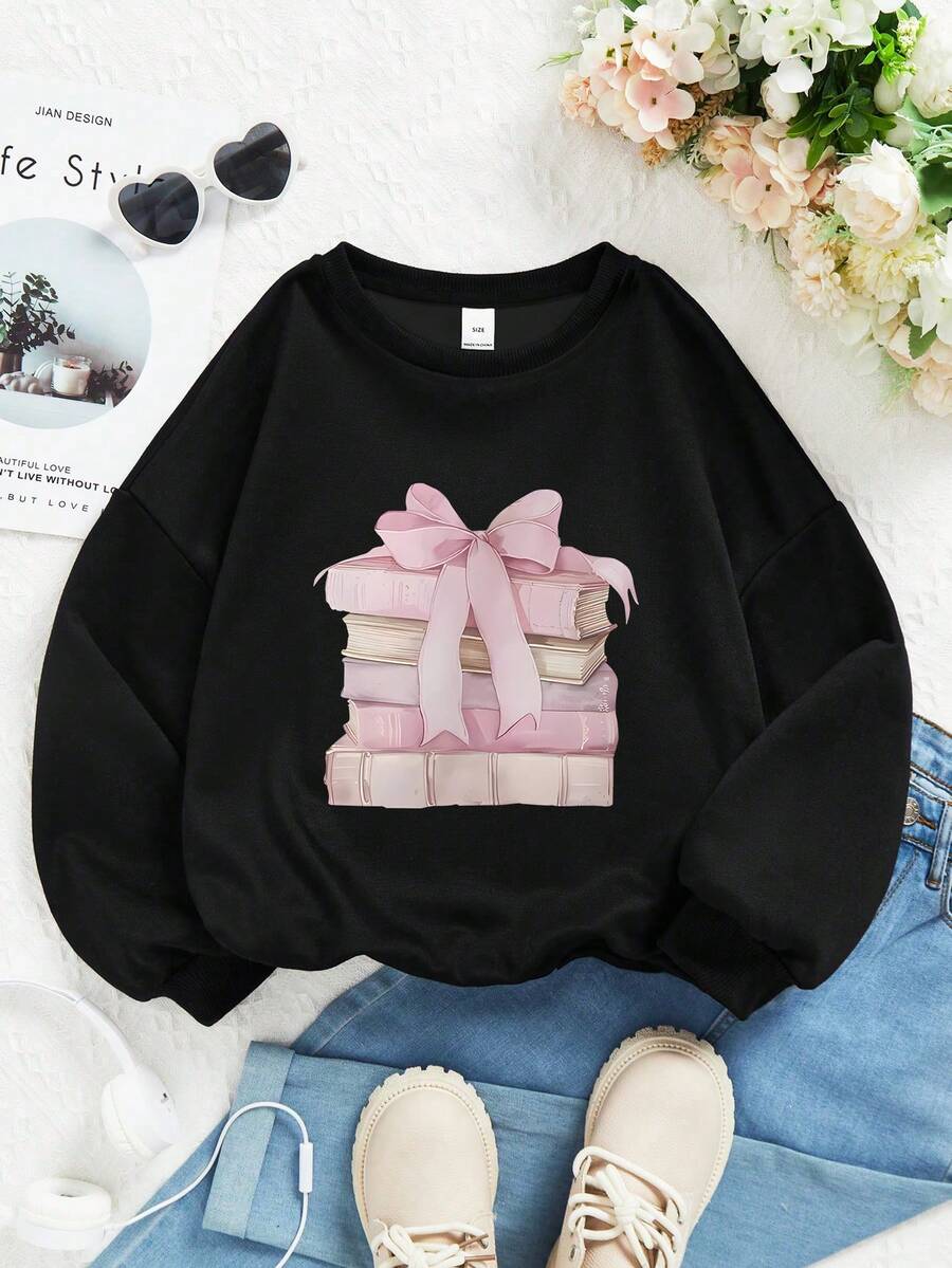Tween Girl Back To School Cute Book & Bowknot Print Crewneck Pullover Sweatshirt - Soft, Machine Washable, Versatile - Fall Winter Casual Daily Outfits (New Fall Fashion, Halloween ) - Black - View 1