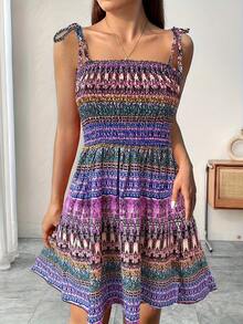 Women's Elegant Off-Shoulder Sleeveless Wrap Dress, Vibrant Floral Print Fitted Top & Flowy Skirt, Summer Casual To Semi-Formal Wear, Fashion Women's Clothes For Beach Holiday - 紫色 - 查看 5