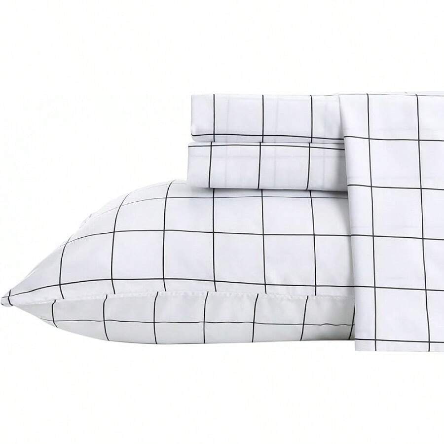 Best Season 4 Piece Bed Sheet Set - Full Size - Soft Microfiber Bedding Sheet Set, Deep Pocket, Stain, Fade & Wrinkle Resistant (Plaid Black & White), Luxury Comfortable - 白色格子呢 - 查看 1