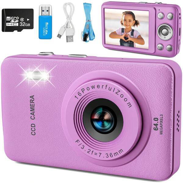 W&O 2025 Cámaras de juguete para niños y niñas,Pantalla de 2,3 pulgadas,cámara de video digital con reproductor de música MP3 y tarjeta SD de 32 GB, ideal como regalo de cumpleaños para niñas y niños de 4, 5, 6, 7, 8, 9 y 10 años.juguetes para niño,juguetes de niña