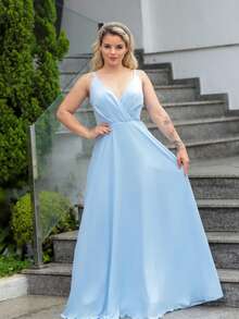 Simple Basic Party Dress Fabric Zipper Pleated Bust Summer Wedding - 寧靜藍 - 查看 1