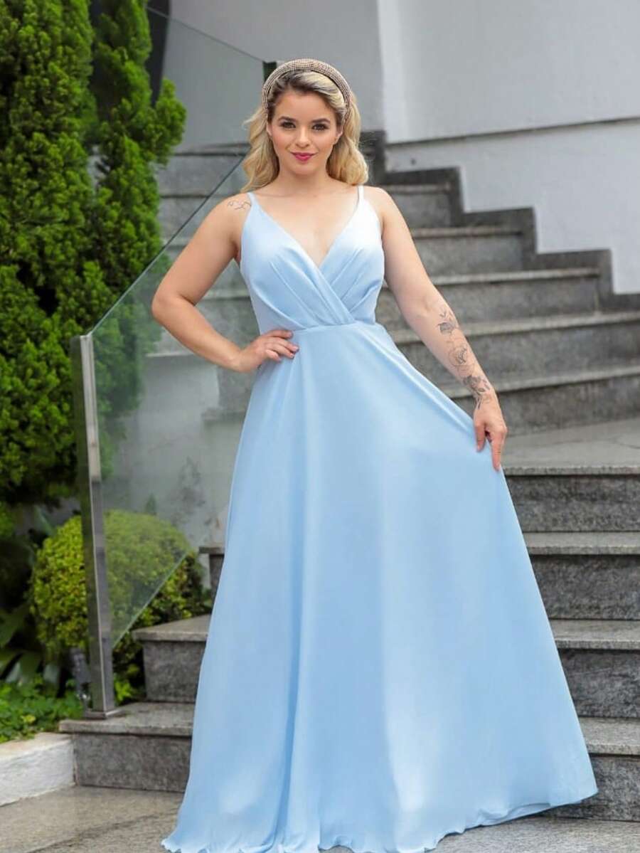 Simple Basic Party Dress Fabric Zipper Pleated Bust Summer Wedding - 寧靜藍 - 查看 1