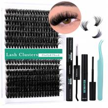 Fluffy Lash Clusters Kit 60D+80D Lash Extension Kit With 10-18MM Thick Individual Lashes Cluster Lash Bond And Seal Remover Tweezers For Eyelash Extension At Home(KIT-60D+80D-280Pcs) - 黑色 - 查看 1
