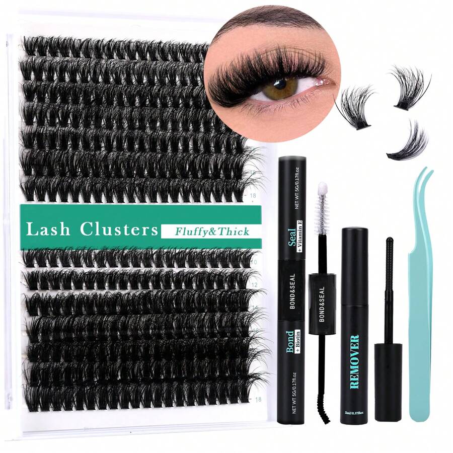 Fluffy Lash Clusters Kit 60D+80D Lash Extension Kit With 10-18MM Thick Individual Lashes Cluster Lash Bond And Seal Remover Tweezers For Eyelash Extension At Home(KIT-60D+80D-280Pcs) - 黑色 - 查看 1