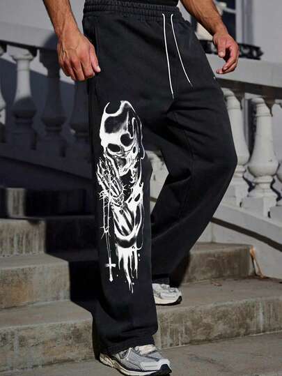 Quần thể thao nam dáng rộng in hình đầu lâu, có dây rút ở eo, kiểu dáng đường phố Y2K, quần nỉ ống rộng, một món đồ không thể thiếu cho mùa xuân hè, quần nỉ nam dáng rộng thoải mái, ống thẳng, có độ rũ, thích hợp cho thư giãn và các hoạt động ngoài trời. Cũng là một món quà tuyệt vời cho các cặp đôi.