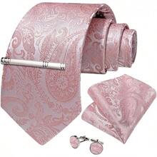 Silk Floral Necktie Set With Tie Clip, Handkerchief & Cufflinks - Blush Pink Paisley - View 8