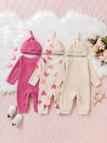 Bhchntiy 6件套女婴秋季新款爱心印花、妈妈宝贝英文字母及纯色连体衣和帽子休闲时尚套装 - 彩色 - 查看 3