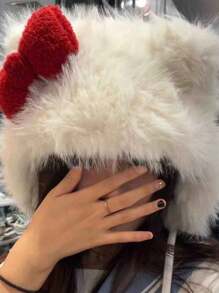 女士时尚可爱冬季毛绒保暖卡通蝴蝶结加厚帽，适合日常外出、节日、生日、情人节礼物 - 彩色 - 查看 5