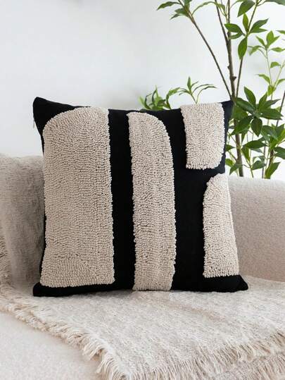 1pc Black And White Bohemian Chunky Plush Pillowcase, Contemporary Geometric Square Throw Pillow Cover, Hypoallergenic Polyester With Zipper Closure, Hand Wash Only, Versatile Decor For Various Room Types, Decorative Pillows,Fall Decor,Autumn Decor,Room Decor