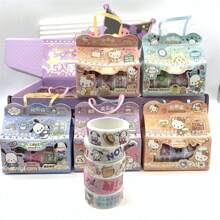 Sanrio 1 Box Of Sanrio Kuromi 5-In-1 Paper Tape, Parcha Dog Big Ear Dog DIY Material Sticker, Meileti Handbag Sticker, Cartoon Handbag Sticker Tape, Small Gift Box, Children's Girl Reward Gift, Paper Handbag Sticker, Drawing Paper Tape, Student Creative DIY Tape