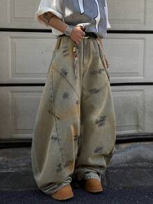 1pc Vintage American Design Mud Dye Wash Patchwork Handpainted Barrel Leg Jeans (Product Does Not Include Belt And Accessories) - Yellow - View 9