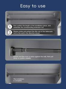 1 件黑色方头不锈钢伸缩杆，无需钻孔，不锈钢家用窗帘杆，卧室衣柜晾衣杆，多功能阳台晾衣杆，伸缩浴室浴袍毛巾杆，家用窗帘杆，浴室伸缩毛巾挂杆。浴室装饰