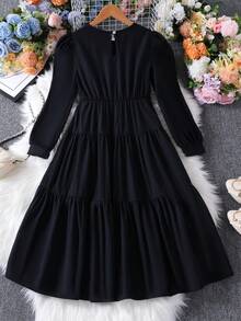 Girls' Solid Color Bow Long Sleeve Casual Dress, Spring/Autumn - Black - View 3