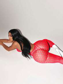 Sexy Lingerie Women Lingeries Long Sleeve Fishnet Body Stocking Leopard Sexy Outfit Body Suits Cut Out Jumpsuit Bikini Cover-Up - Red - View 4