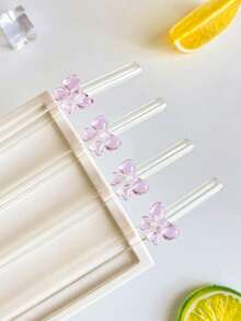 2/4/6/10 ống hút thủy tinh nơ hồng dễ thương có thể tái sử dụng kèm cọ vệ sinh – Thiết kế hoạt hình cong cho sinh tố, sữa, trà, nước ép và đồ uống lạnh - Hồng - Xem 3