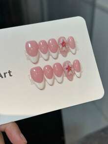 10片手工美甲贴片，全覆盖法式方型中长款，3D手绘花卉图案，亮面，粉白配色，优雅可爱的杏仁形高端简约度假风立体雕刻美甲贴片，可爱火辣少女美甲，适合女性日常及派对佩戴，全覆盖假指甲，按压式美甲贴片，长款美甲用品，手工按压式美甲贴片 - 彩色 - 查看 6