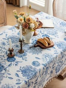 1 件蓝色花卉流苏桌布，复古风格，带流苏，涤纶纤维材质，可水洗，适用于床头柜、餐桌、咖啡桌、沙发套、农舍家居、家庭用餐、厨房、晚餐、派对、感恩节、秋季装饰、四季装饰 - 藍色 - 查看 24