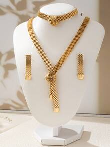 4pcs/Set 18K Gold Plated Minimal Hollow Wide Necklace, Bracelet, Earring Jewelry Set, Luxury Versatile Women Accessory