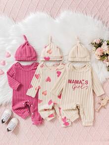 Bhchntiy 6件套女婴秋季新款爱心印花、妈妈宝贝英文字母及纯色连体衣和帽子休闲时尚套装 - 彩色 - 查看 2