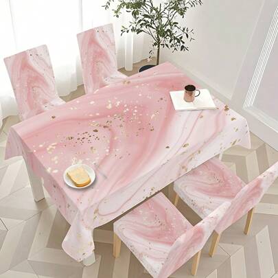 5/7 Pieces Pink Gold Marbling! Romantic Light Luxury Style Tablecloth Chair Cover, 5 Pieces (1 Tablecloth + 4 Chair Scovers), 7 Pieces (1 Tablecloth + 6 Chair Sleeves, Rectangular Table And Chair Cushion Stretch And Comfort, Removable And Washable, Suitable For Home And Party Decoration