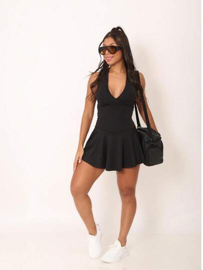 Vestido de banho curto elegante, sem mangas, com decote em V profundo e costas nuas, para mulheres, casual, simples, estilo folk personalizado