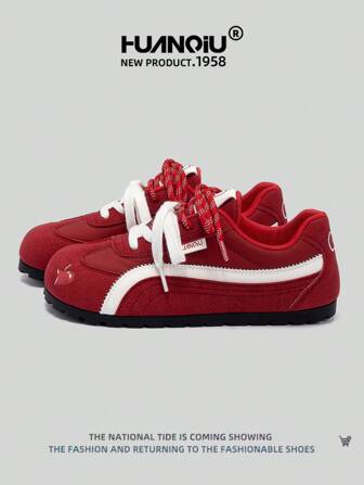 HUANQIU 2025 Nya Damskor, Damskateboardskor, Ett Par Och Moderna Andningsbara Snörskor Hemmakontor Utomhus Vita Skor Mångsidiga Lätta Och Bekväma Vita Skor Snörskor Mjuksulade Sportskor Fritidsskor Löparskor Juläppelröda Fyra Säsongsskor