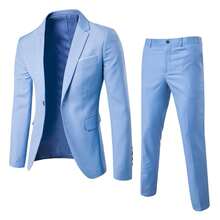 Men's Business Suit Set Professional Formal Wear Two-Piece Slim-Fit Suit Korean Style Best Man & Groom Wedding Attire - 淺藍色 - 查看 1