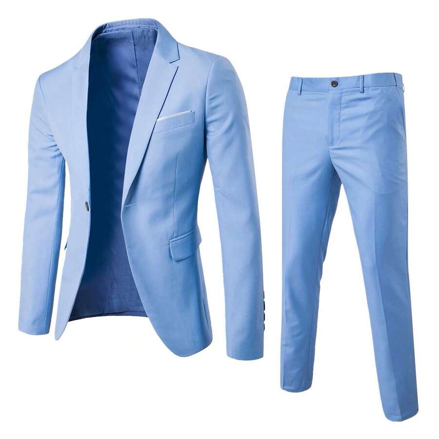 Men's Business Suit Set Professional Formal Wear Two-Piece Slim-Fit Suit Korean Style Best Man & Groom Wedding Attire - 淺藍色 - 查看 1