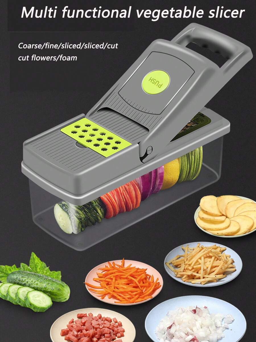 1套多功能蔬菜切菜器，解放双手做沙拉工具，切片、切丁、切丝用具，厨房小工具 - 灰綠色 - 查看 1