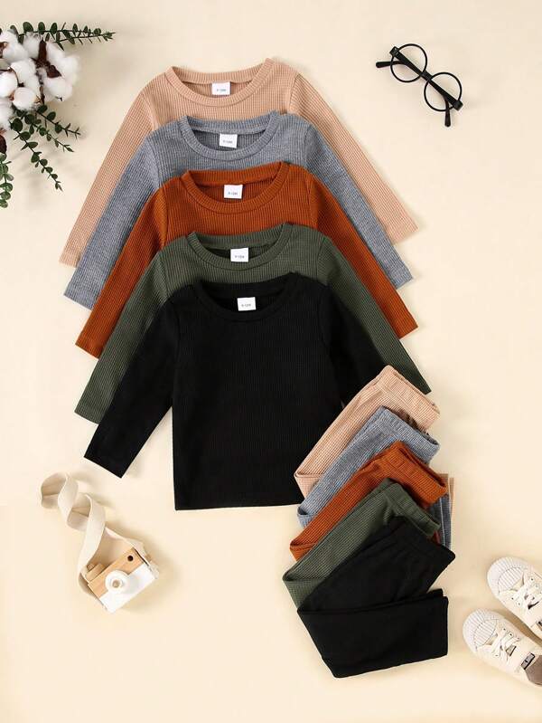 10pcs/Set Boys' Casual Plain Soft Comfortable Waffle Knit Fabric Long Sleeve Top & Pants Set