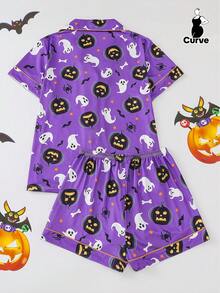 2 件女式加大码亡灵节/万圣节印花睡衣套装，短袖衬衫，有领和纽扣，柔软上衣和松紧腰短裤，时尚日常/家居服，节日睡衣派对装