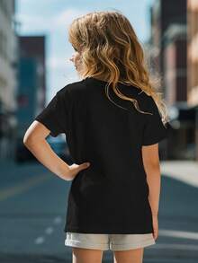 Girls' Beige Cherry Graphic Tee - "Sweetness Runs In Our Cherry" Print, Casual & Girls Clothes 8 To 10 Years,Made In USA Cotton , Short Sleeve Crew Neck - Perfect For Summer Outings - 黑色 - 查看 3