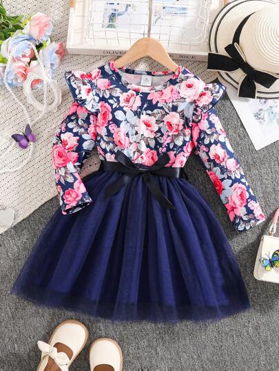Robe à manches longues mode et mignonne pour filles de 4 à 8 ans, design à manches évasées imprimé floral, col rond, ceinture à nœud, patchwork de maille plissée. Tenue d'été élégante et polyvalente pour filles, convient pour les sorties, les fêtes et les cadeaux de vacances.