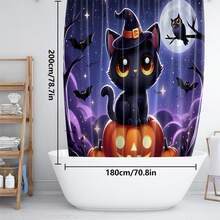 1pc/4pcs Halloween Pumpkin Lantern, Witch, Cat, Bat Pattern Polyester Waterproof Bathroom Shower Curtain With 12 Hooks, Bathroom Mat, U-Shaped Mat, Round Toilet Lid Cover, Bathroom Set For All Occasions Bathroom Decor - Multicolor - View 6