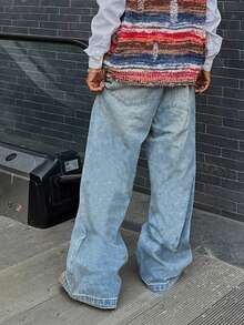 1 件男士宽松做旧砖纹印花牛仔阔腿牛仔裤 - 藍色 - 查看 2