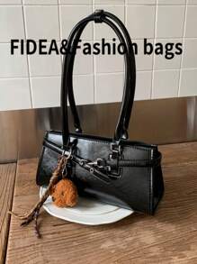 Fashionable New Women's Tote Bag, Solid Color Minimalist PU Leather Vintage Style, Suitable For Dates, Shopping, Versatile, Comes With Keychain Pendant - Black - View 8