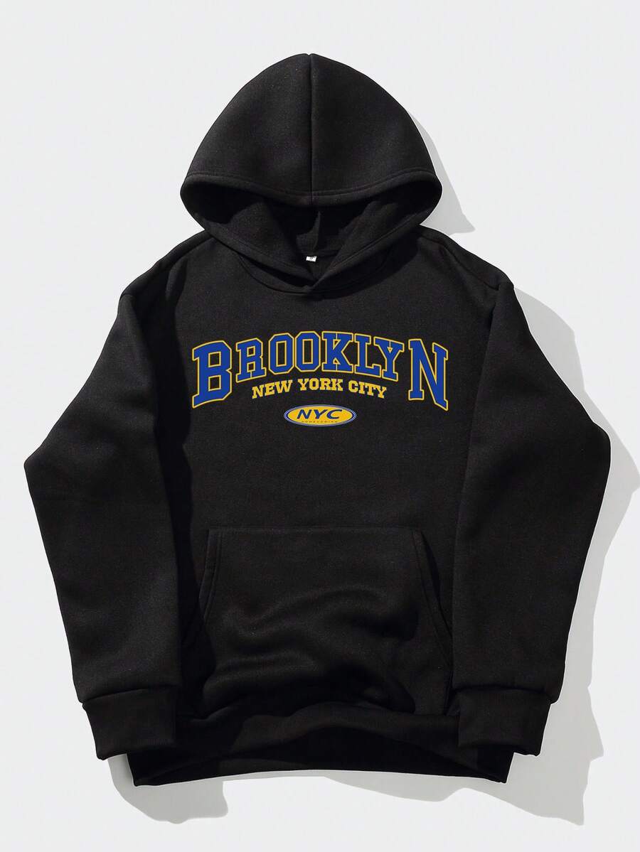 Shwiy Men's Brooklyn Letter Print Thermal Lined Warm Long Sleeve Sweatshirt With Kangaroo Pocket & Sweatshirt, Sports Pattern - Black - View 1