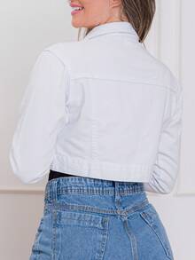 Cropped Denim Jacket With Hem, Women's Fashion - White - View 4