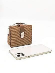 Carteira curta feminina de palha trançada, fecho de pressão em PU macio, porta-moedas multifuncional, porta-cartões, minimalista, leve, compacta e portátil, adequada para presentes de Natal para mulheres, carteira, carteira, carteira fofa - Castanho - Ver 9