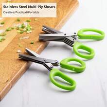 1pc Stainless Steel Multi-Layer Scissors With Cleaning Brush, Kitchen Shears, Multi-Functional Scissors For Scallions, Cilantro, Leaves, Seaweed, Nori, 3/5 Layer Shredding Scissors, Household Vegetable Scissors - Green - View 3
