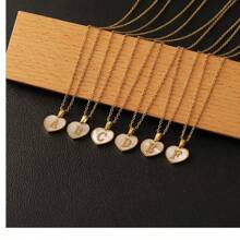 1pc Personalized Heart-Shaped White Shell Initial Necklace Stainless Steel Non Tarnish Women Letter Necklace
