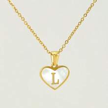 1pc Personalized Heart-Shaped White Shell Initial Necklace Stainless Steel Non Tarnish Women Letter Necklace