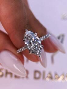 1克拉闪亮椭圆形订婚戒指/结婚戒指，925纯银，女士承诺戒指/永恒戒指，精致珠宝礼品 - 銀色 - 查看 3