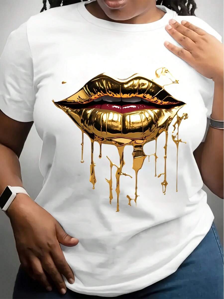 Women's Stylish Golden Lip Print Casual T-Shirt - Short Sleeve, Crew Neck, Stretch Blend, Machine Washable - Perfect For Spring & Summer, Ladies T Shirts - trắng - Xem 1