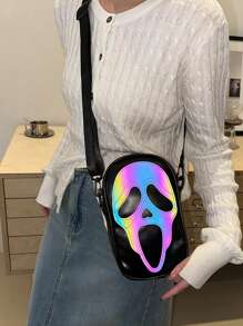 万圣节鬼脸印花女士手机钱包激光女士单肩包斜挎包女士包骷髅脸购物袋适合购物和拍照，万圣节礼物迷你方包，万圣节钱包，非常适合化装派对万圣节时尚和哥特式时尚，最适合女性的万圣节礼物 - 彩色 - 查看 3